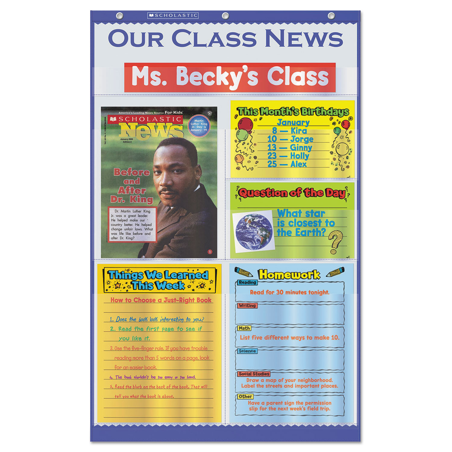 Our Class News Pocket Chart, Newspaper Layout, 6 Pockets, 18 1/2 x 29 1/2, Blue
