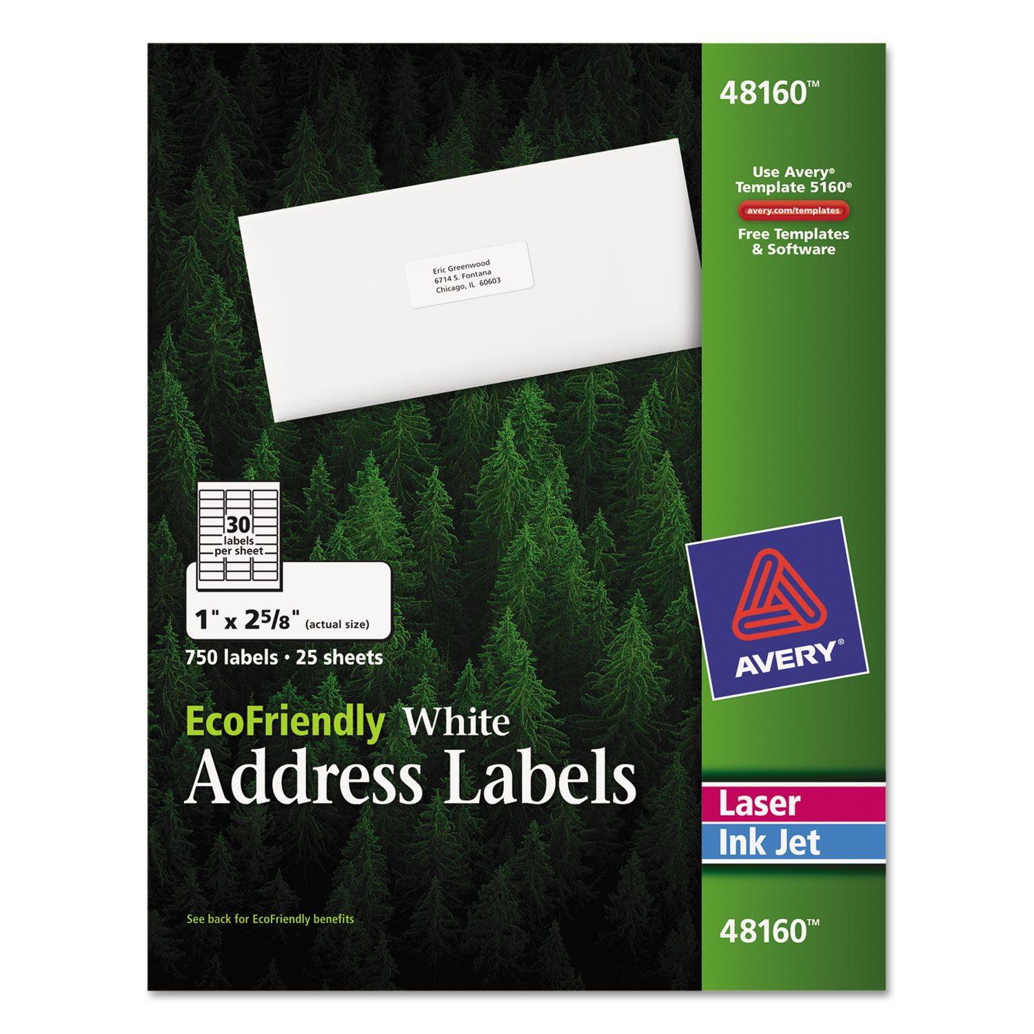  Avery 48160 EcoFriendly Mailing Labels, Inkjet/Laser Printers, 1 x 2.63, White, 30/Sheet, 25 Sheets/Pack (AVE48160) 