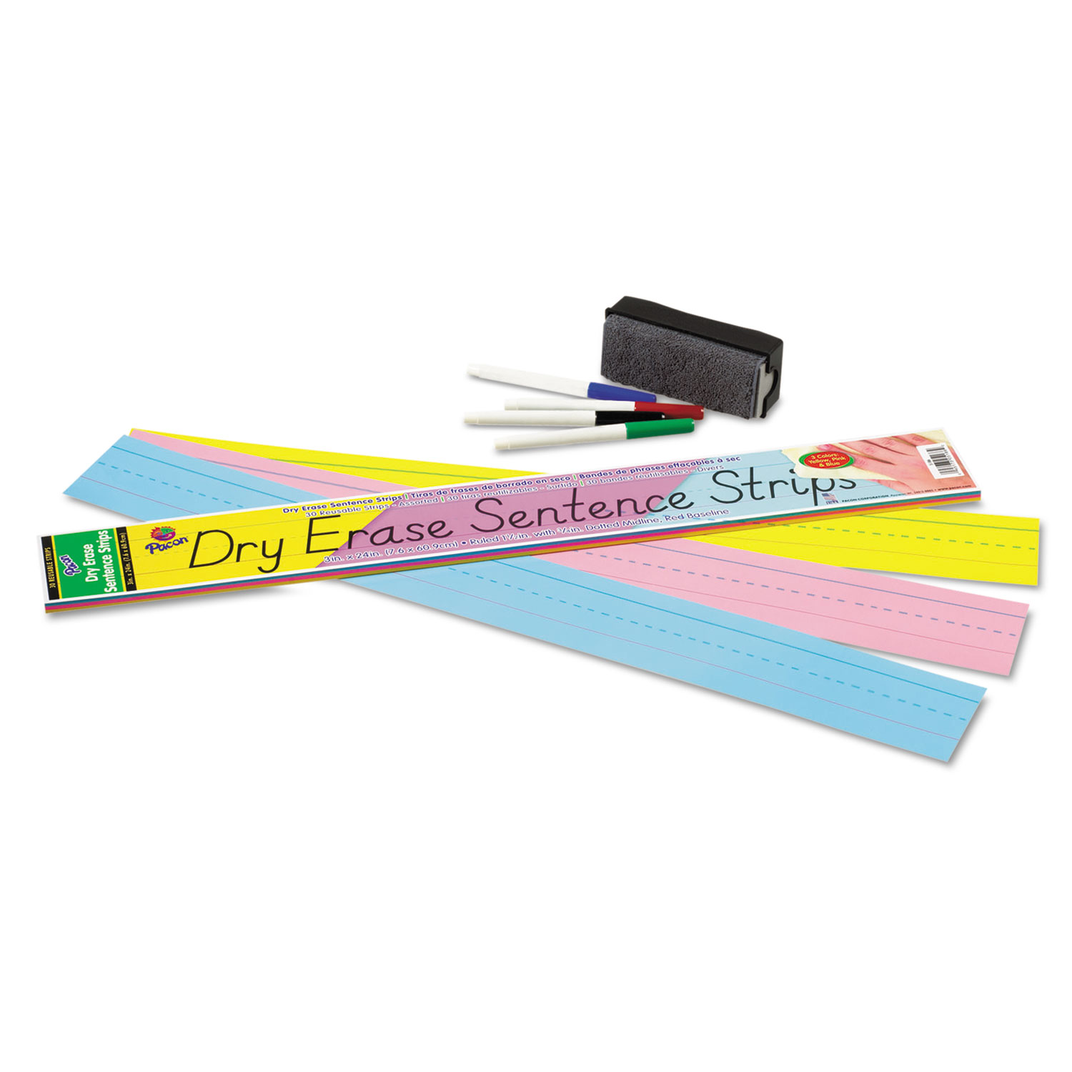  Pacon 5186 Dry Erase Sentence Strips, 24 x 3, Assorted: Blue/Pink/Yellow, 30/Pack (PAC5186) 