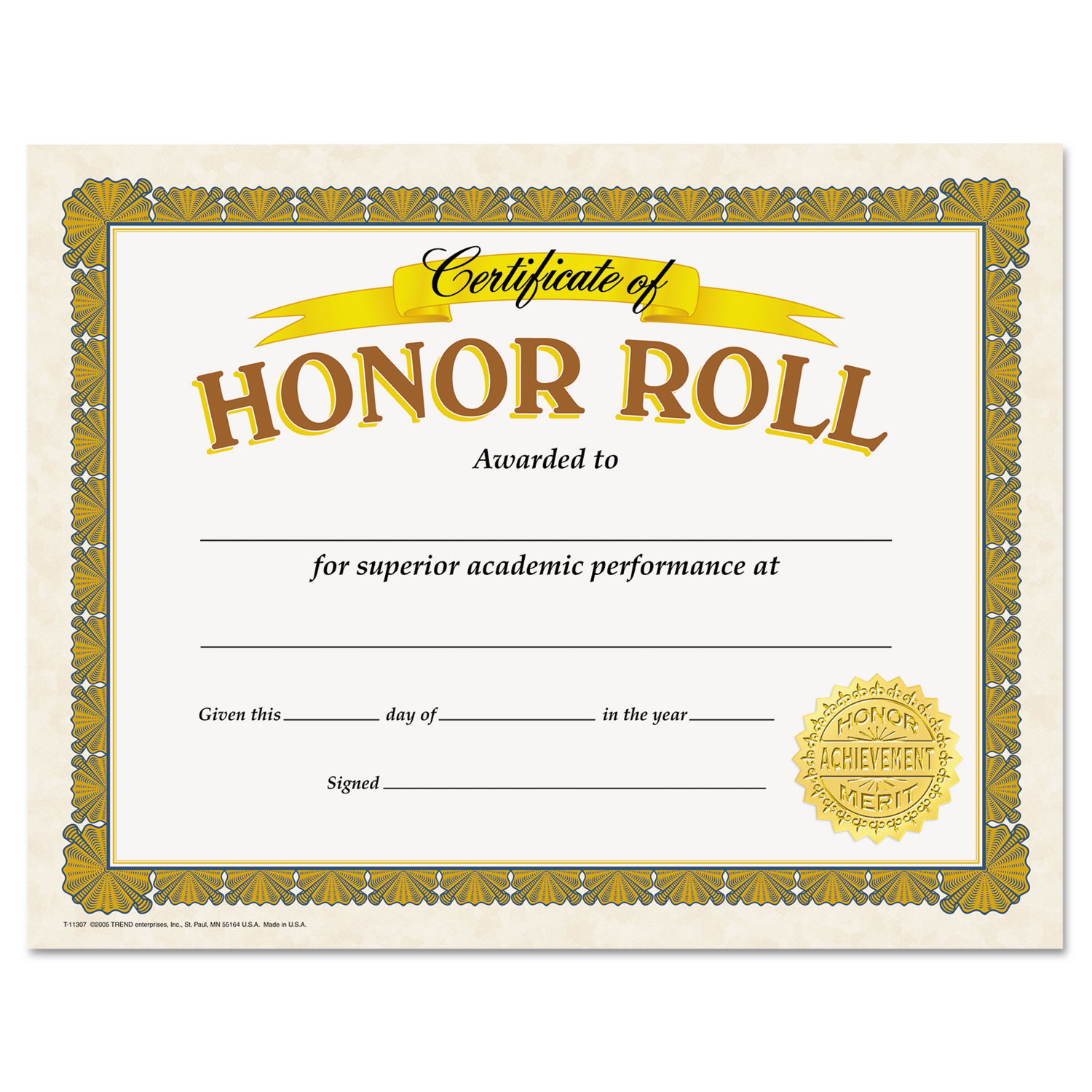  TREND T11307 Awards and Certificates, Honor Roll, 8 1/2 x 11, White/Brown/Gold (TEPT11307) 