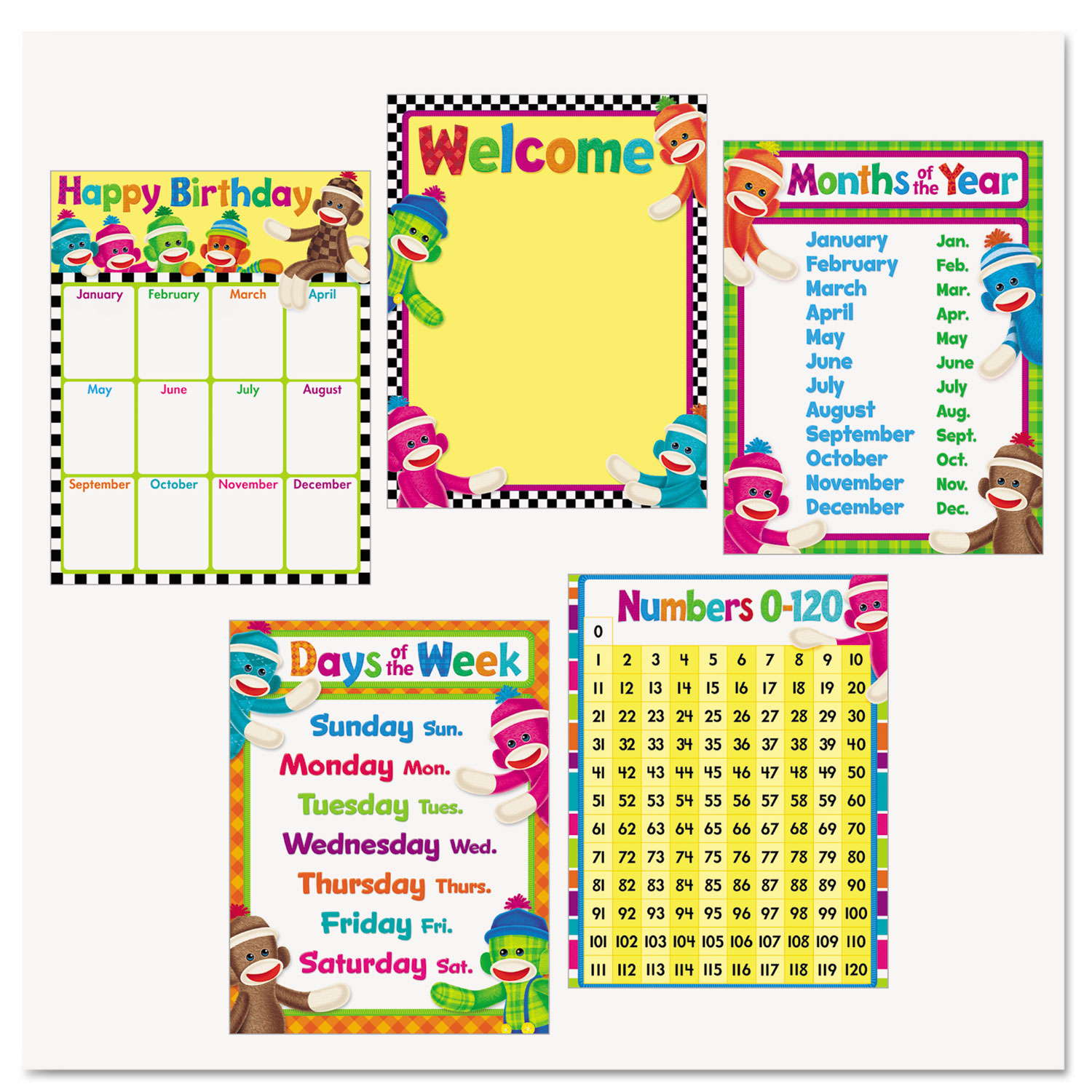  TREND T38960 Learning Chart Combo Packs, Classroom Basics - Sock Monkeys, 17 x 22 (TEPT38960) 