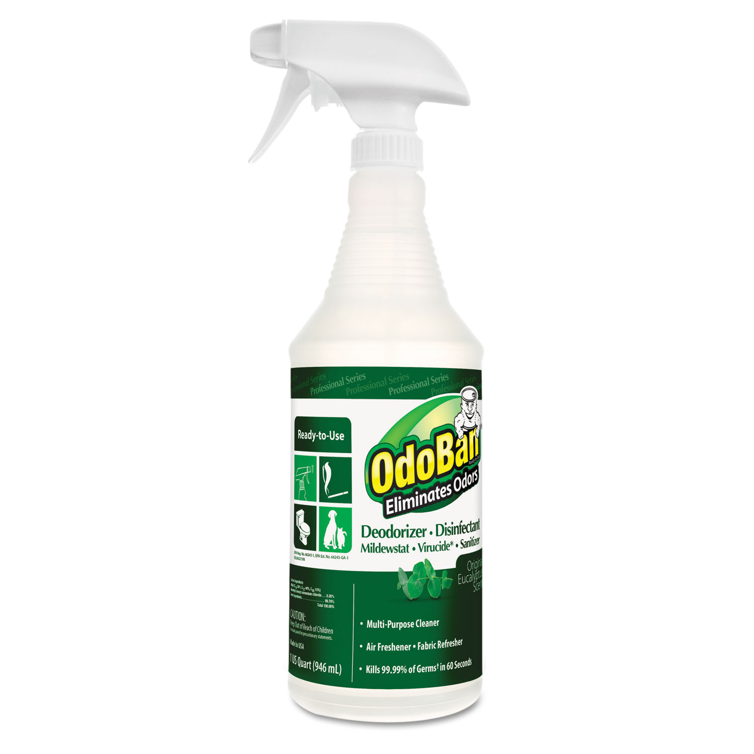 RTU Odor Eliminator and Disinfectant, Eucalyptus, 32 oz Spray Bottle, 12/Carton