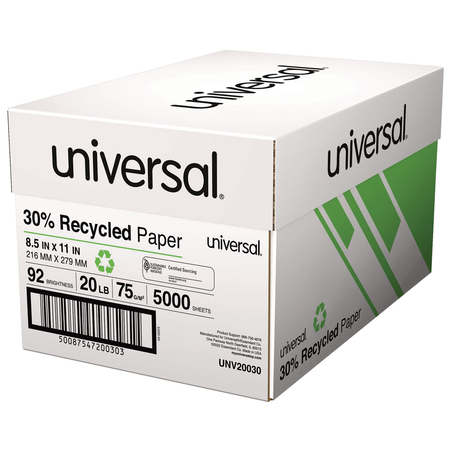 30% Recycled Copy Paper, 92 Brightness, 20lb, 8 1/2 x 11, White, 5000/Carton