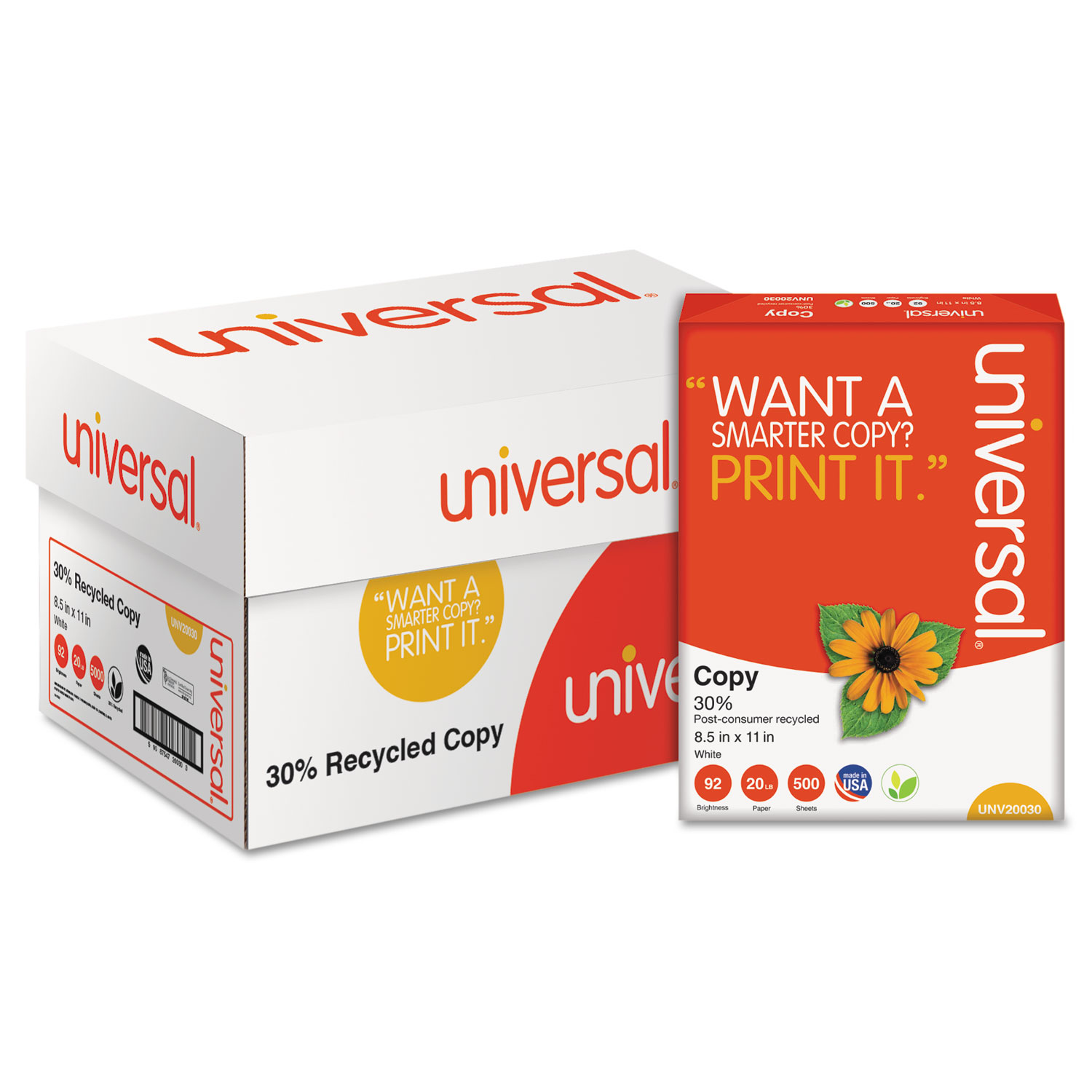 Universal, 30% Recycled Copy Paper, 92 Bright, 20 Lb, 8.5 X 11, White, 500  Sheets/ream, 10 Reams/carton, 40 Cartons/pallet (UNV20030PLT)