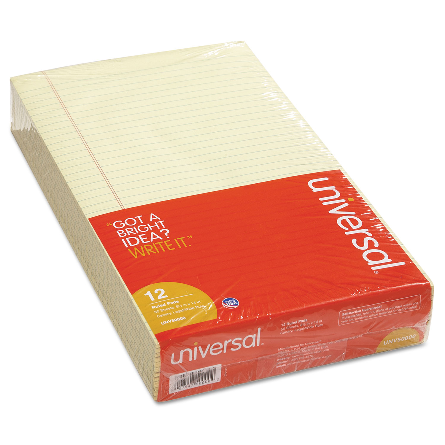 Universal UNV50000 Glue Top Pads, Wide/Legal Rule, 8.5 x 14, Canary, 50 Sheets, Dozen (UNV50000) 