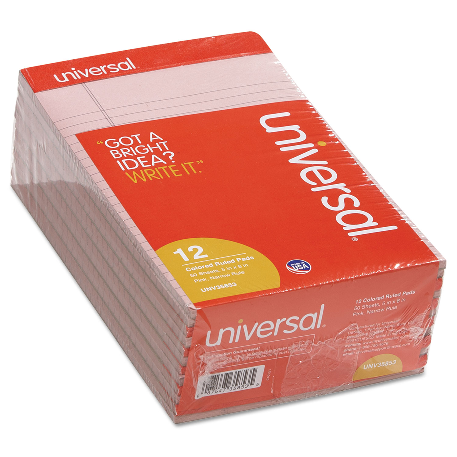 Universal UNV35853 Colored Perforated Writing Pads, Narrow Rule, 5 x 8, Pink, 50 Sheets, Dozen (UNV35853) 