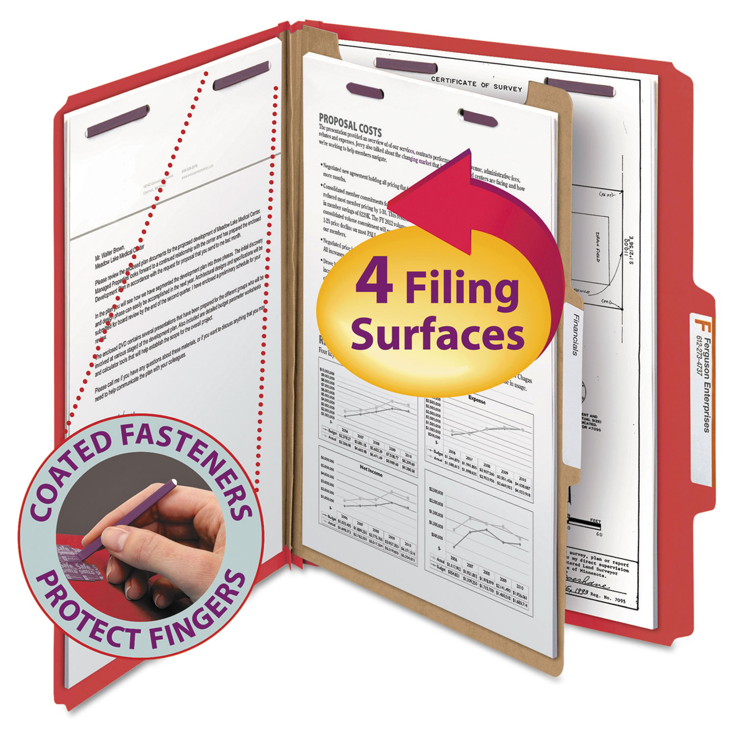  Smead 13731 Four-Section Pressboard Top Tab Classification Folders with SafeSHIELD Fasteners, 1 Divider, Letter Size, Bright Red, 10/Box (SMD13731) 