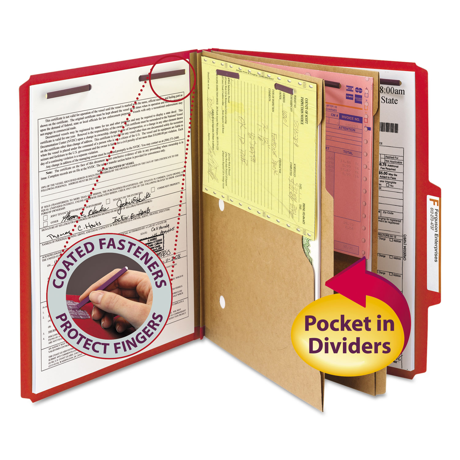  Smead 14082 6-Section Pressboard Top Tab Pocket-Style Classification Folders with SafeSHIELD Fasteners, 2 Dividers, Letter, Red, 10/Box (SMD14082) 