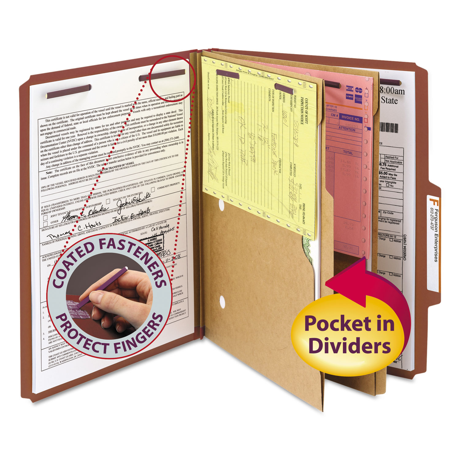  Smead 14079 6-Section Pressboard Top Tab Pocket-Style Classification Folders with SafeSHIELD Fasteners, 2 Dividers, Letter, Red, 10/Box (SMD14079) 
