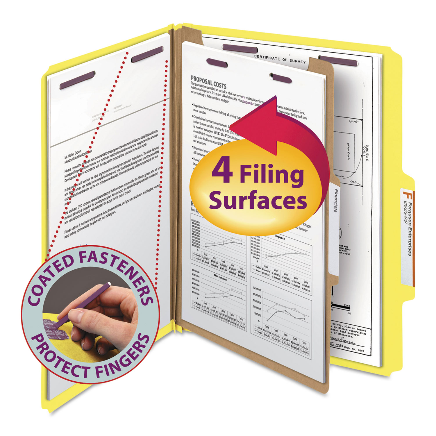  Smead 13734 Four-Section Pressboard Top Tab Classification Folders with SafeSHIELD Fasteners, 1 Divider, Letter Size, Yellow, 10/Box (SMD13734) 
