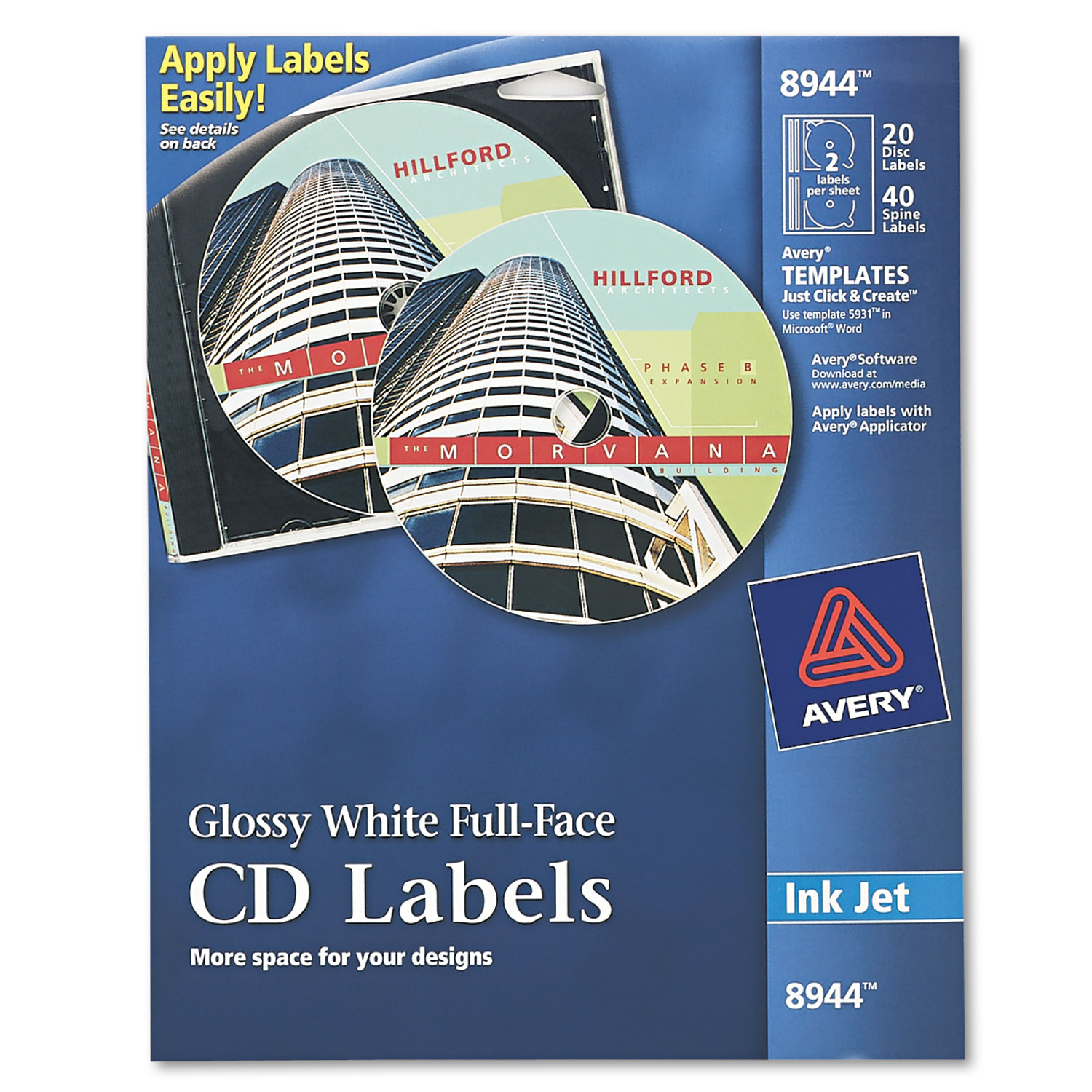  Avery 08944 Inkjet Full-Face CD Labels, Glossy White, 20/Pack (AVE8944) 