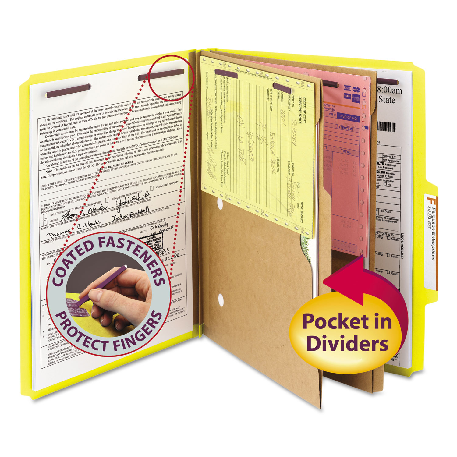  Smead 14084 6-Section Pressboard Top Tab Pocket-Style Classification Folders with SafeSHIELD Fasteners, 2 Dividers, Letter, Yellow, 10/BX (SMD14084) 
