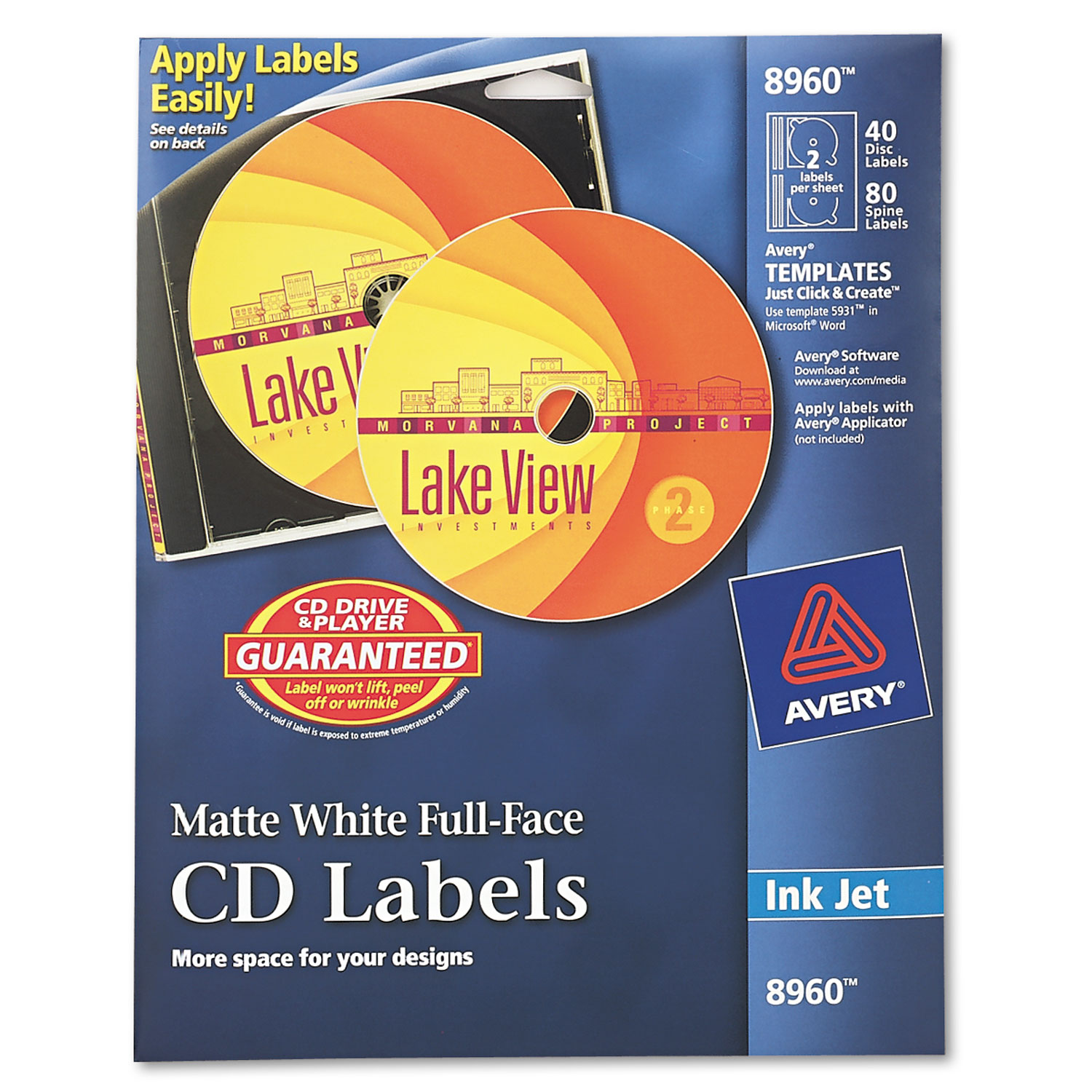  Avery 08960 Inkjet Full-Face CD Labels, Matte White, 40/Pack (AVE8960) 