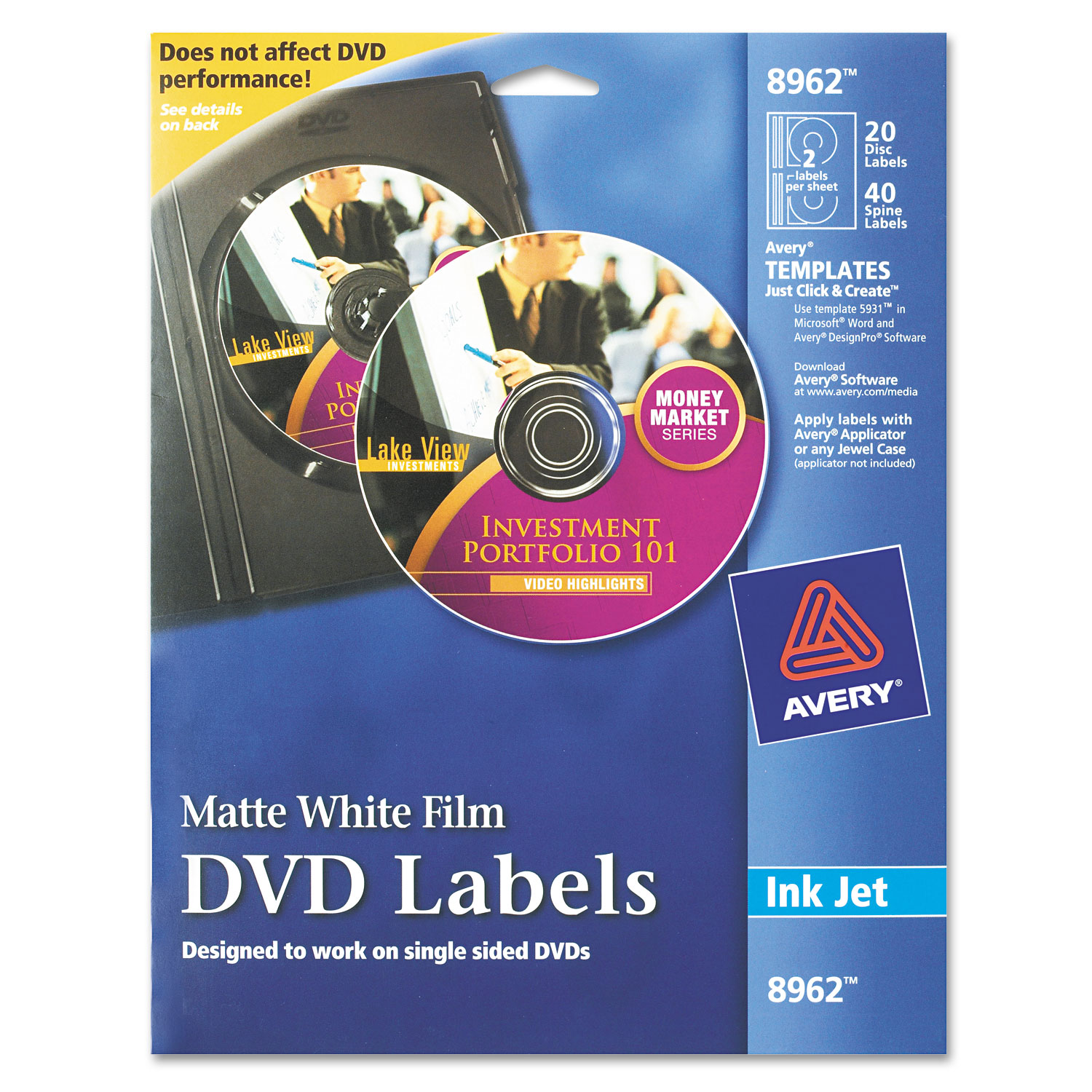  Avery 08962 Inkjet DVD Labels, Matte White, 20/Pack (AVE8962) 