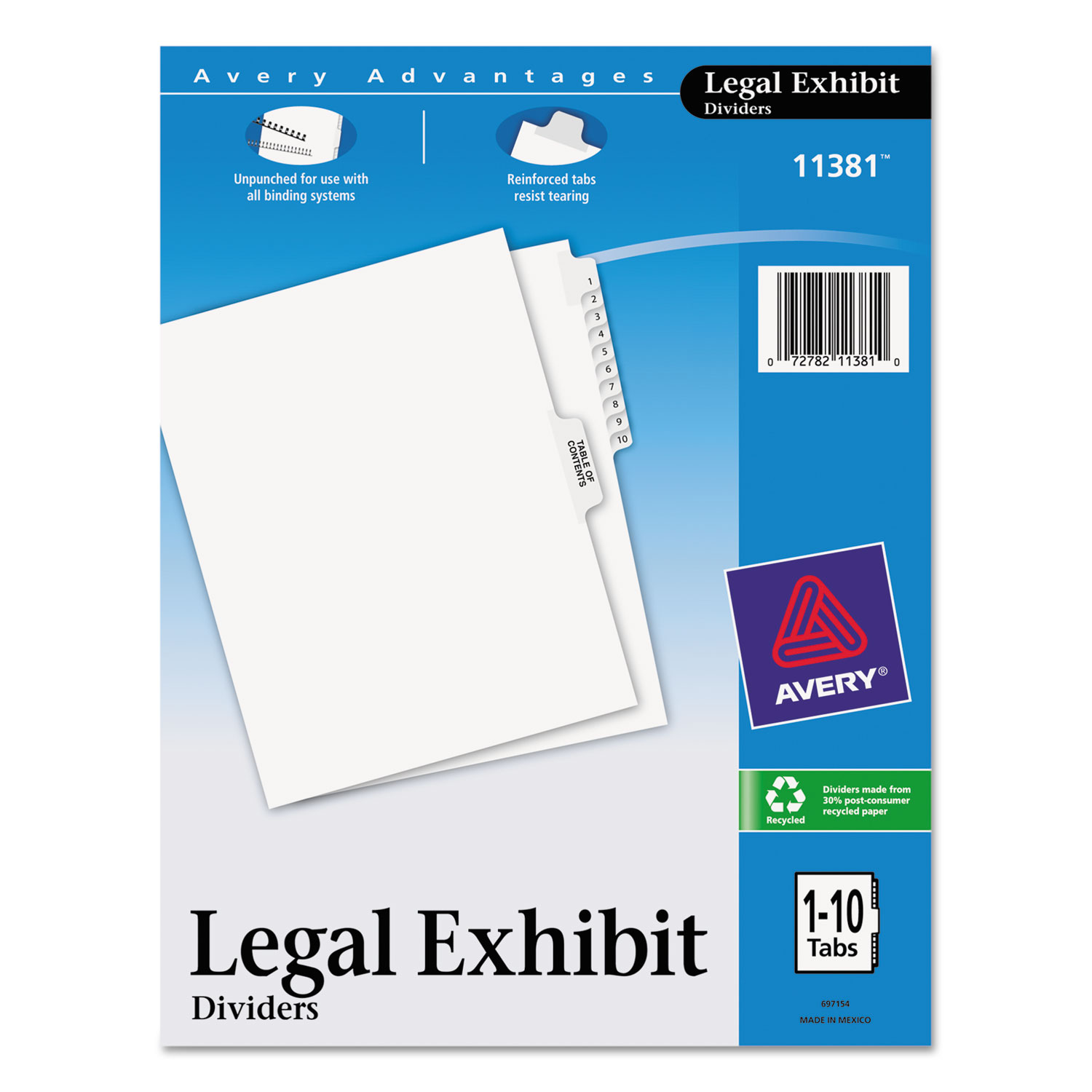 Preprinted Legal Exhibit Side Tab Index Dividers, Avery Style, 11-Tab, 1 to 10, 11 x 8.5, White, 1 Set
