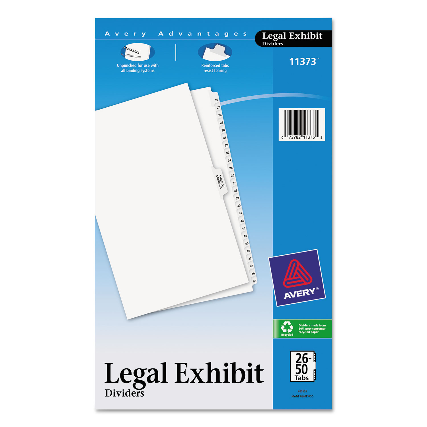  Avery 11373 Preprinted Legal Exhibit Side Tab Index Dividers, Avery Style, 26-Tab, 26 to 50, 14 x 8.5, White, 1 Set (AVE11373) 
