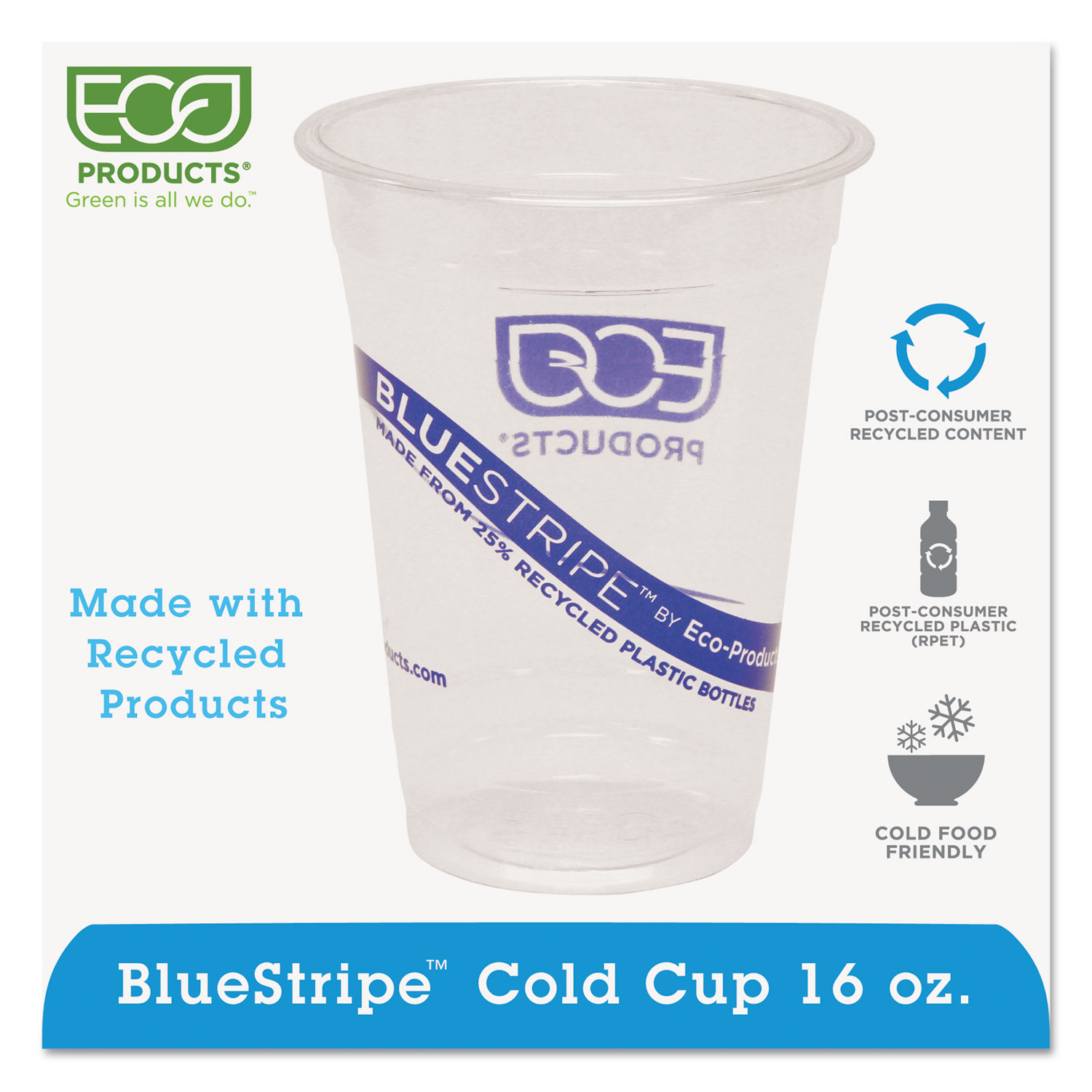  Eco-Products EP-CR16 BlueStripe 25% Recycled Content Cold Cups, 16 oz, Clear/Blue, 50/Pk, 20 Pk/Ct (ECOEPCR16) 