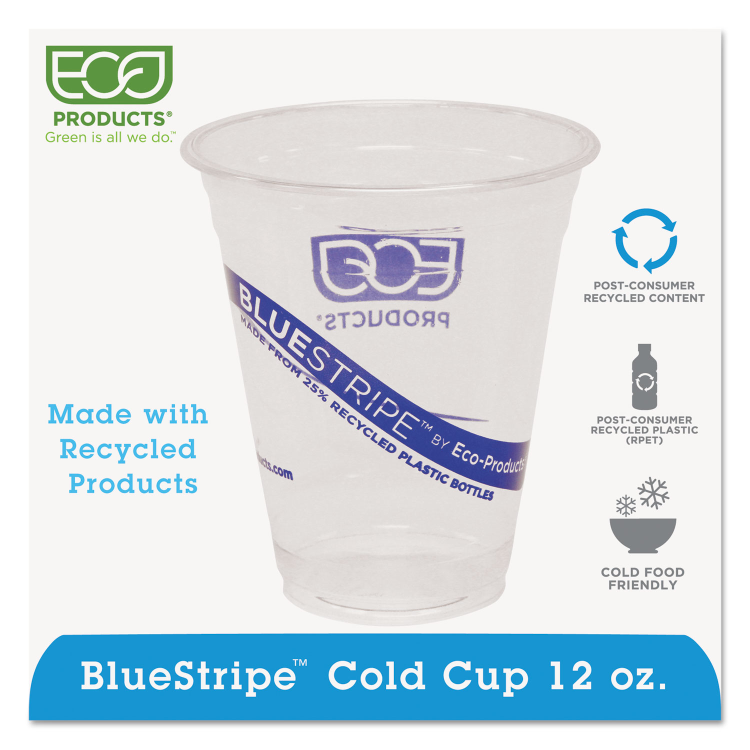  Eco-Products EP-CR12 BlueStripe 25% Recycled Content Cold Cups, 12 oz, Clear/Blue, 50/Pk, 20 Pk/Ct (ECOEPCR12) 