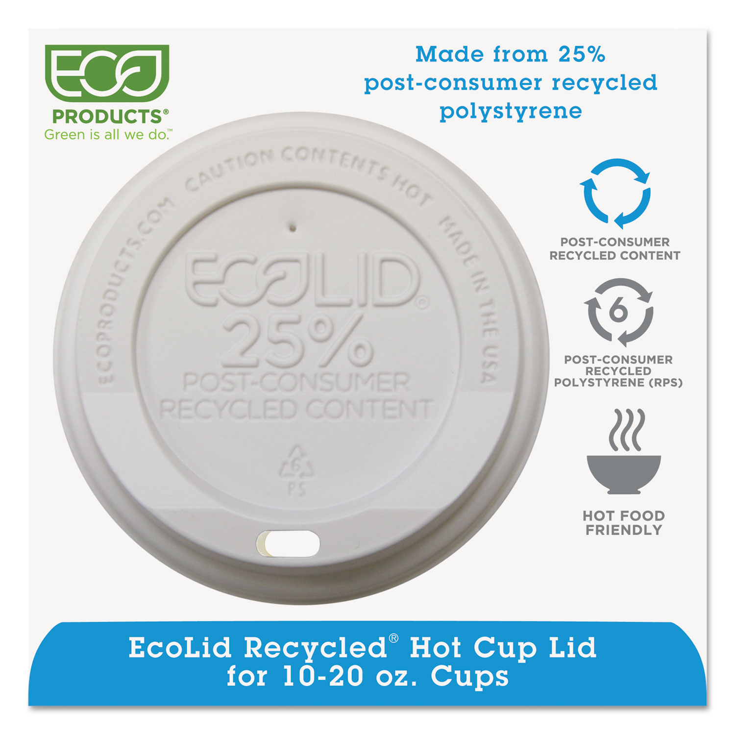  Eco-Products EP-HL16-WR EcoLid 25% Recy Content Hot Cup Lid, White, F/10-20oz, 100/PK, 10 PK/CT (ECOEPHL16WR) 
