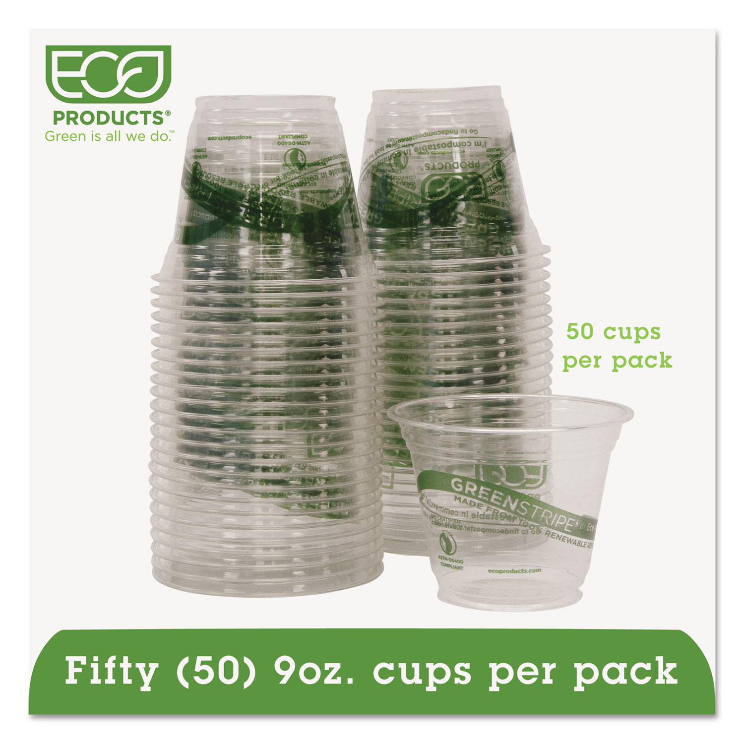 Eco-Products EP-CC9S-GSPK GreenStripe Renewable & Compostable Cold Cups Convenience Pack- 9oz., 50/PK (ECOEPCC9SGSPK) 