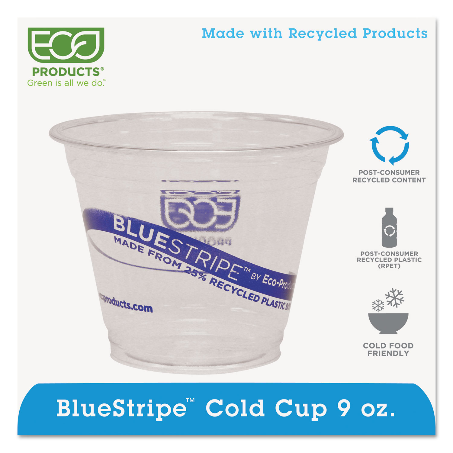  Eco-Products EP-CR9 BlueStripe 25% Recycled Content Cold Cups, 9 oz., Clear/Blue, 50/Pk, 20 Pk/Ct (ECOEPCR9) 