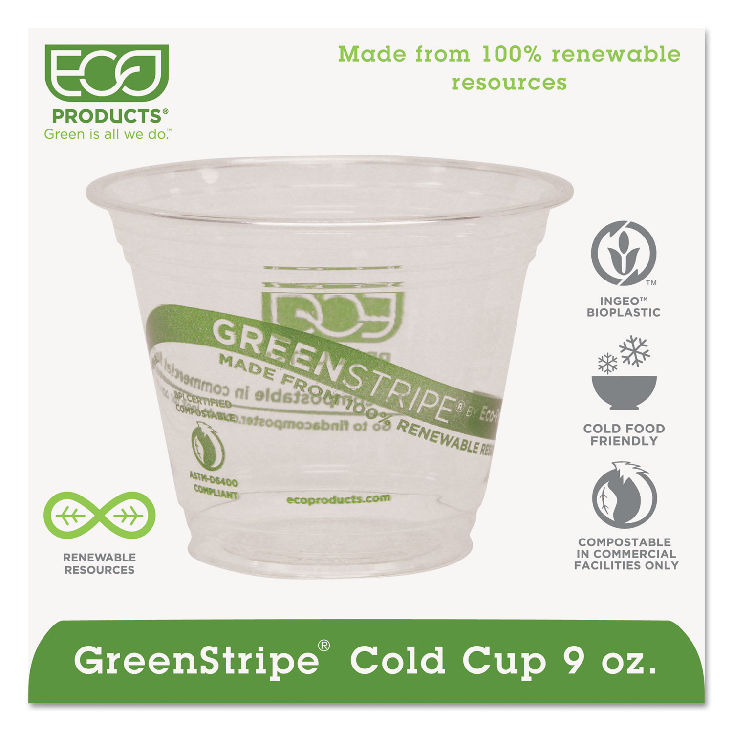  Eco-Products EP-CC9S-GS GreenStripe Renewable & Compostable Cold Cups - 9oz., 50/PK, 20 PK/CT (ECOEPCC9SGS) 