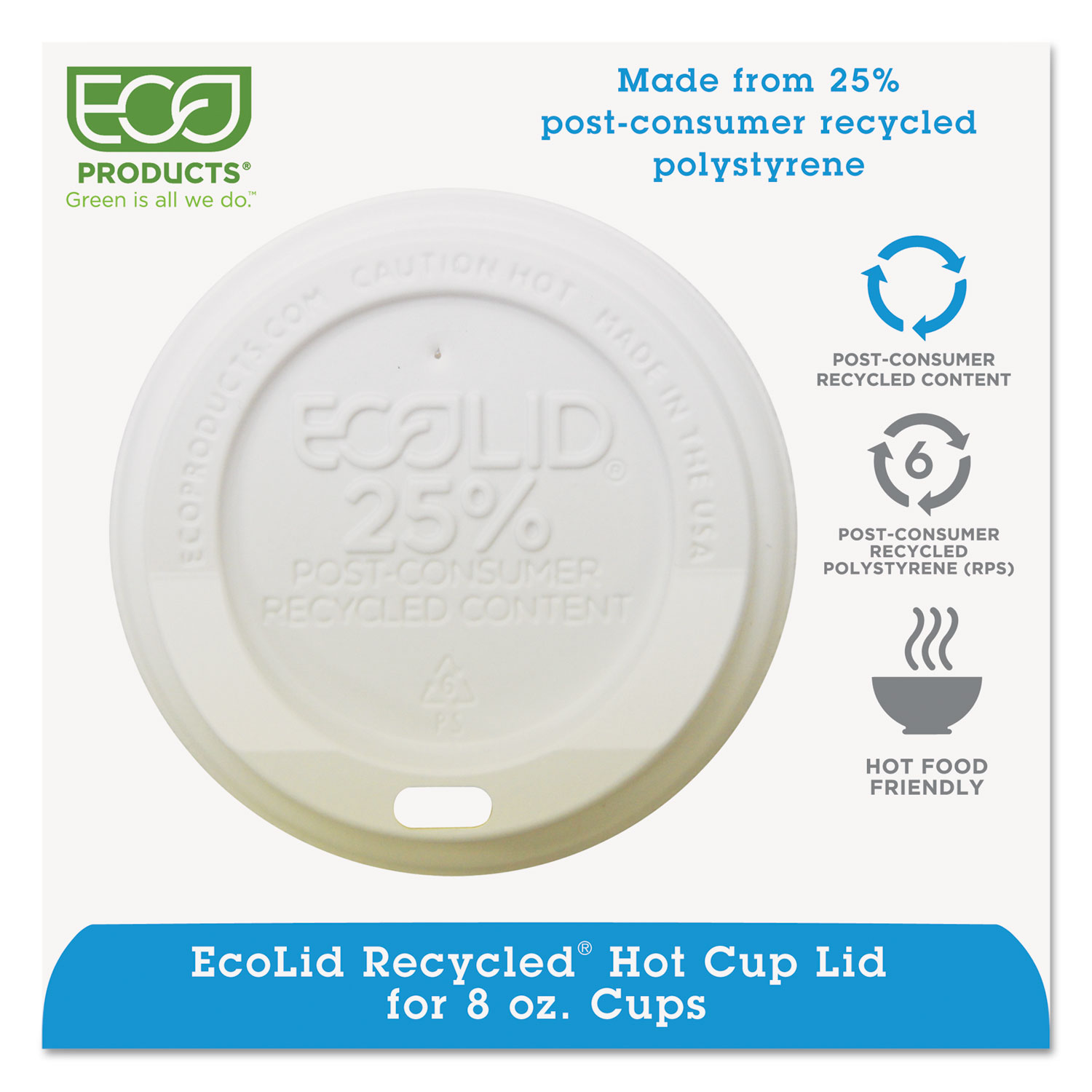  Eco-Products EP-HL8-WR EcoLid 25% Recy Content Hot Cup Lid, White, Fits 8oz Hot Cups, 100/PK, 10 PK/CT (ECOEPHL8WR) 