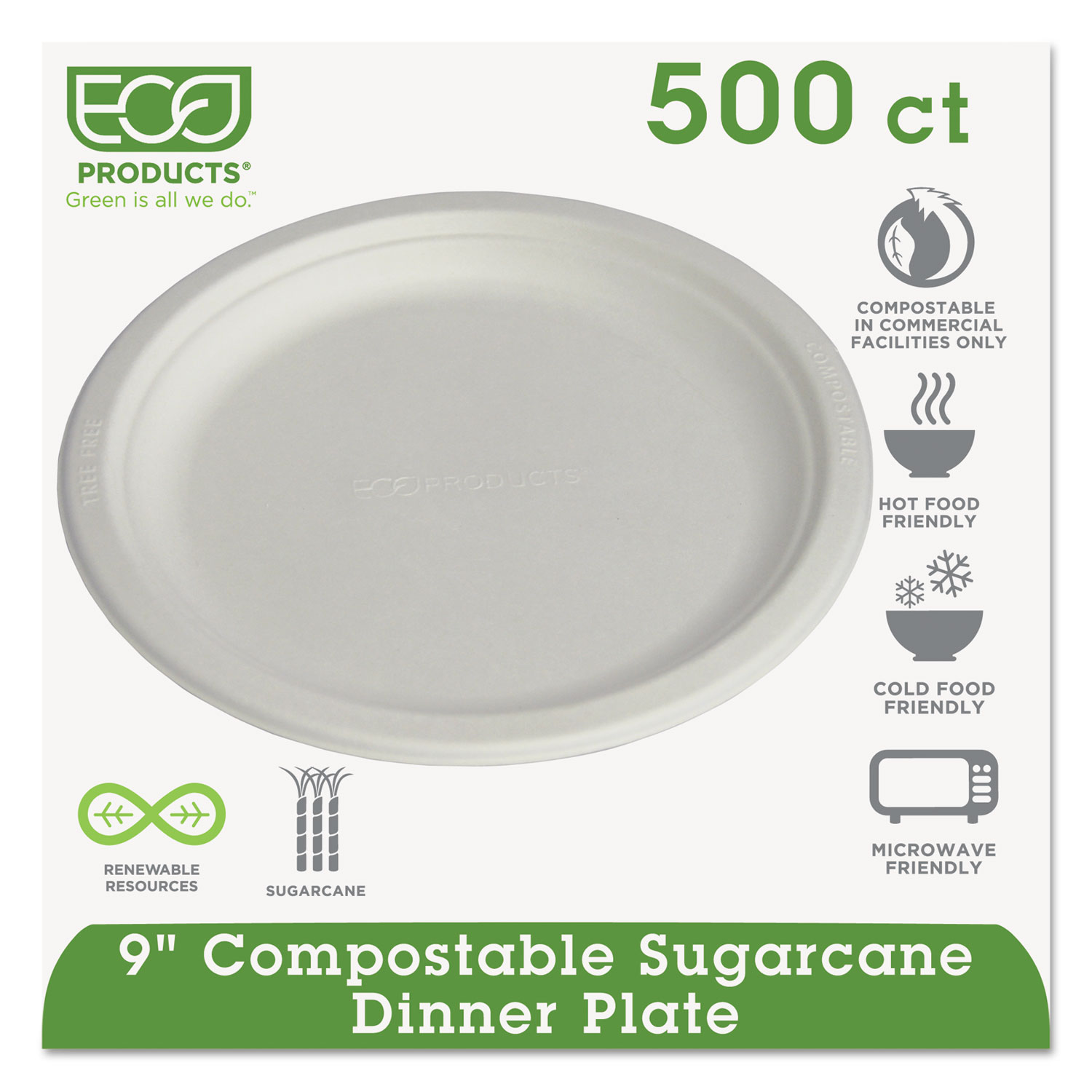  Eco-Products EP-P013 Renewable & Compostable Sugarcane Plates, 9, 500/Carton (ECOEPP013) 