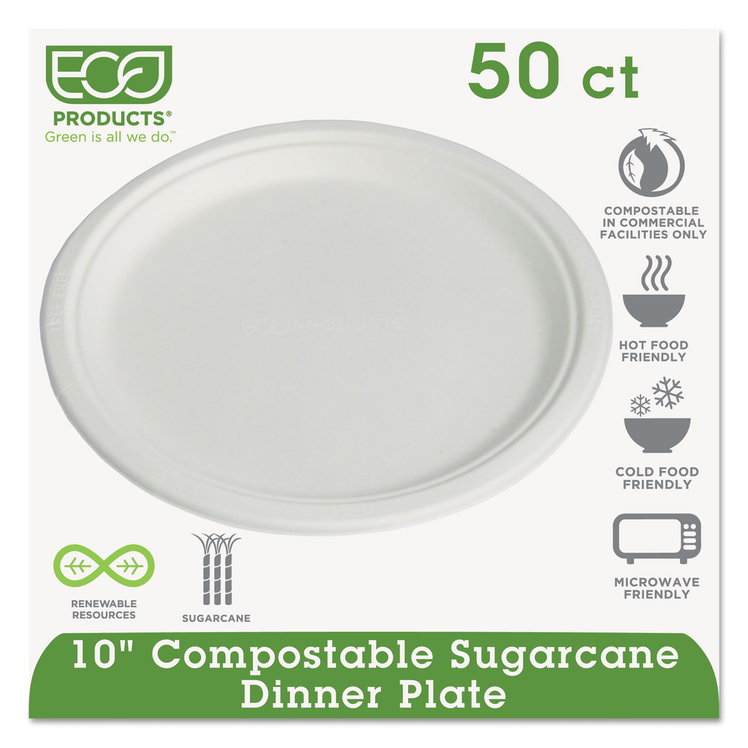  Eco-Products EP-P005PK Compostable Sugarcane Dinnerware, 10 Plate, Natural White, 50/Pack, 10 Pk/Ctn (ECOEPP005PKCT) 