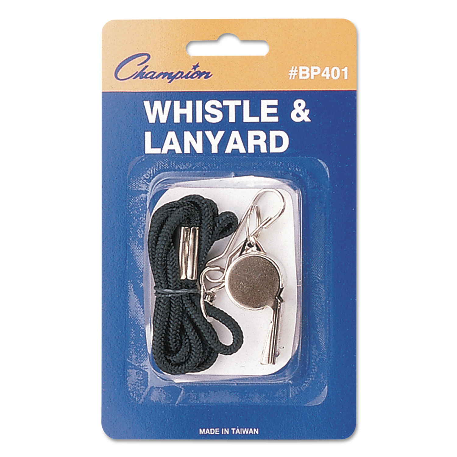 Sports Whistle with Black Nylon Lanyard, Metal, Silver