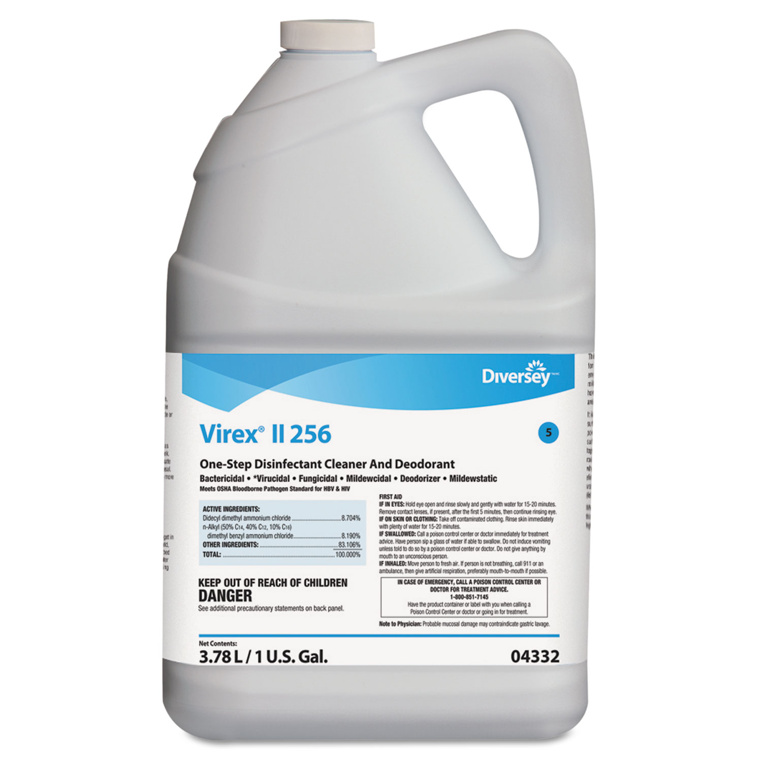  Diversey 04332. Virex II 256 One-Step Disinfectant Cleaner Deodorant Mint, 1 gal, 4 Bottles/CT (DVO04332) 
