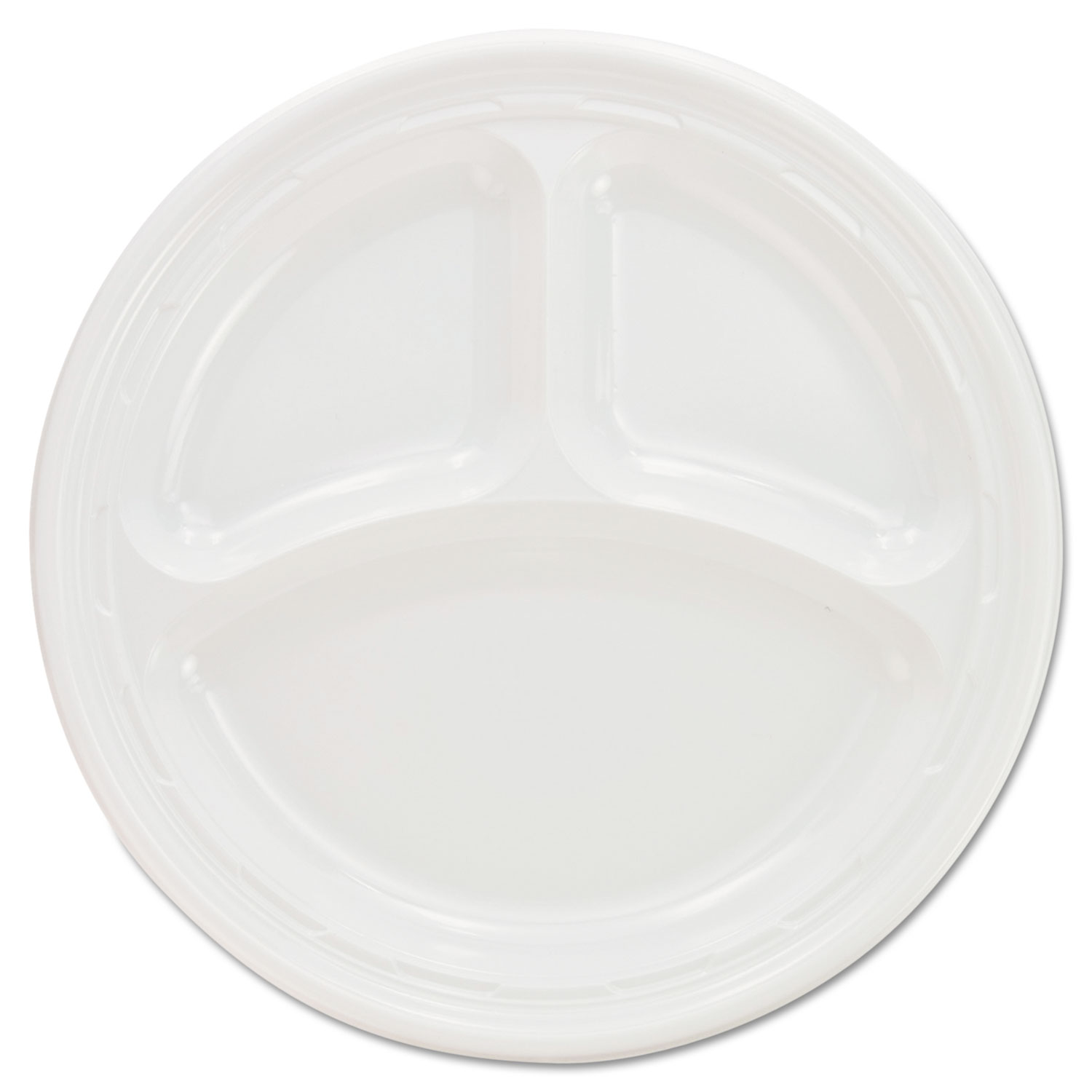 Plastic Plates, 9 Inches, White, 3 Compartments, Round, 125/Pack