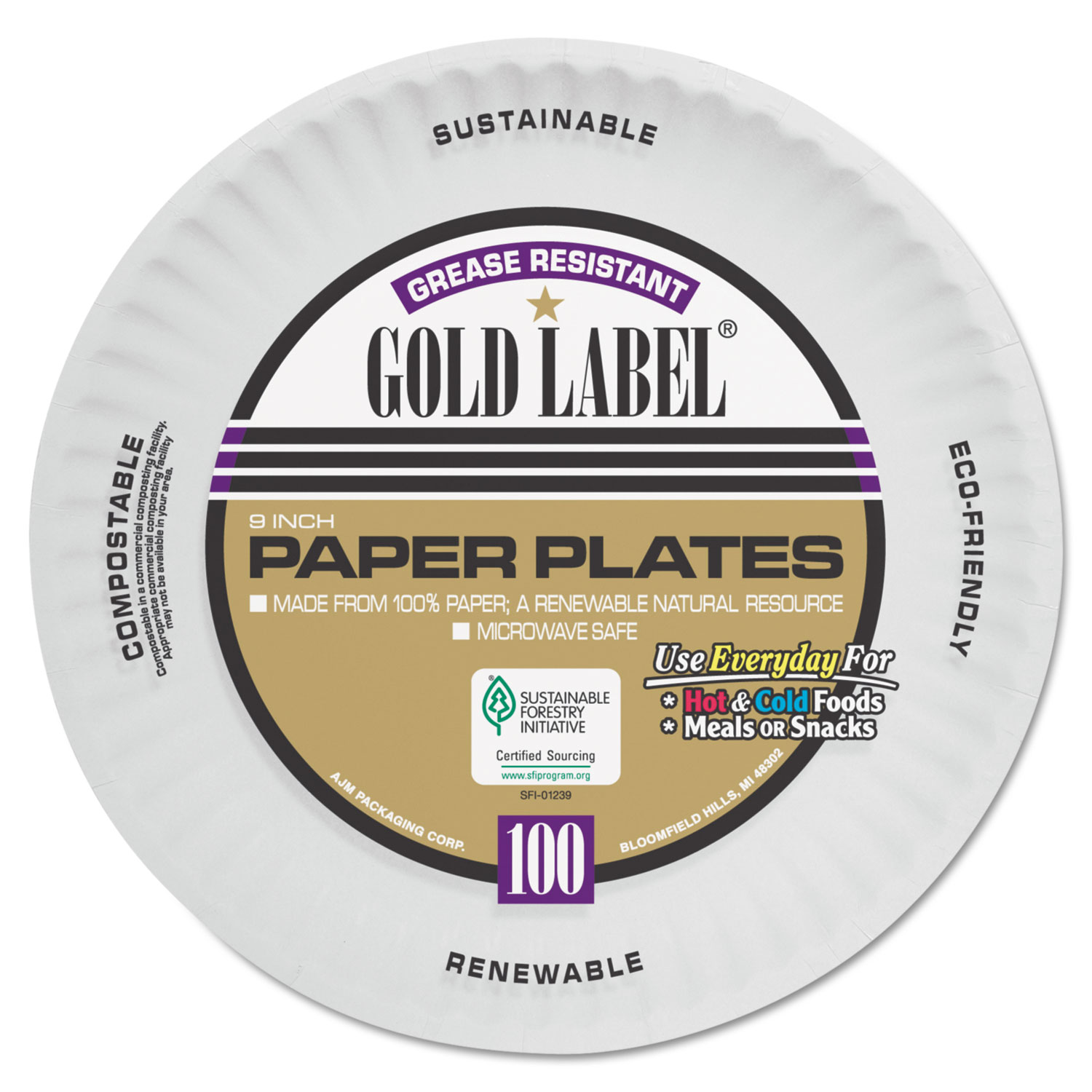  AJM Packaging Corporation AJM CP9GOAWH Coated Paper Plates, 9 Inches, White, Round, 100/Pack (AJMCP9GOAWH) 