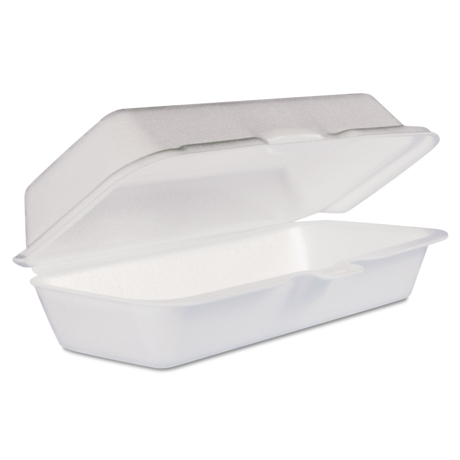 Foam Hot Dog Container with Hinged Lid, 7-1/10 x 3-4/5 x 2-3/10, White, 125/Bag