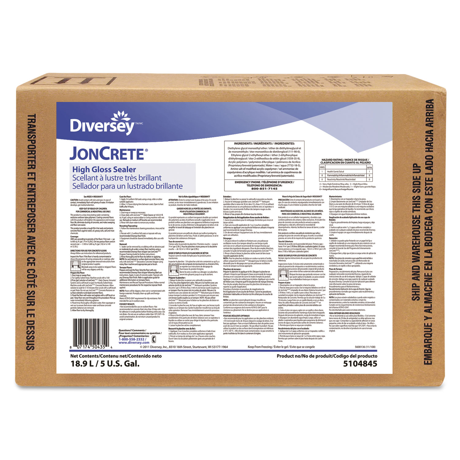 JonCrete High Gloss Sealer, 5 gal, 1 Envirobox/Carton