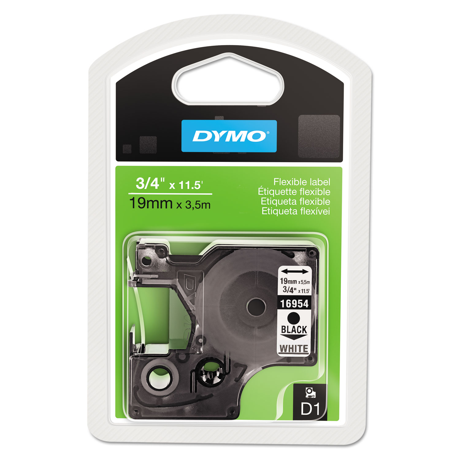  DYMO 16954 D1 Flexible Nylon Label Maker Tape, 0.75 x 11.5 ft, Black on White (DYM16954) 