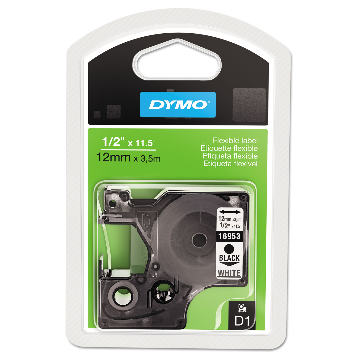  DYMO 16953 D1 Flexible Nylon Label Maker Tape, 0.5 x 11.5 ft, Black on White (DYM16953) 