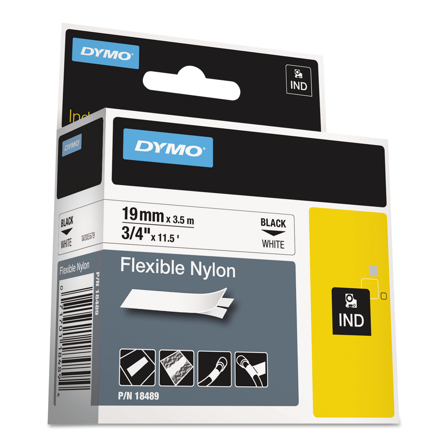Rhino Flexible Nylon Industrial Label Tape, 0.75" x 11.5 ft, White/Black Print