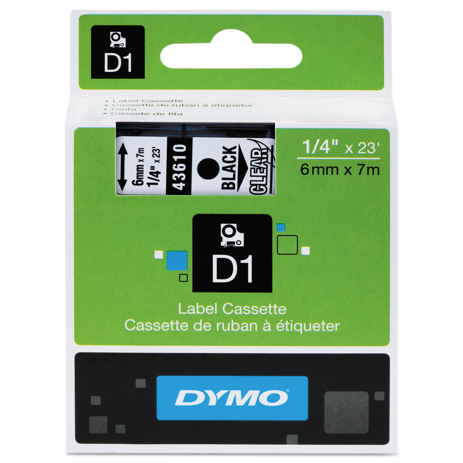  DYMO 43610 D1 High-Performance Polyester Removable Label Tape, 0.25 x 23 ft, Black on Clear (DYM43610) 