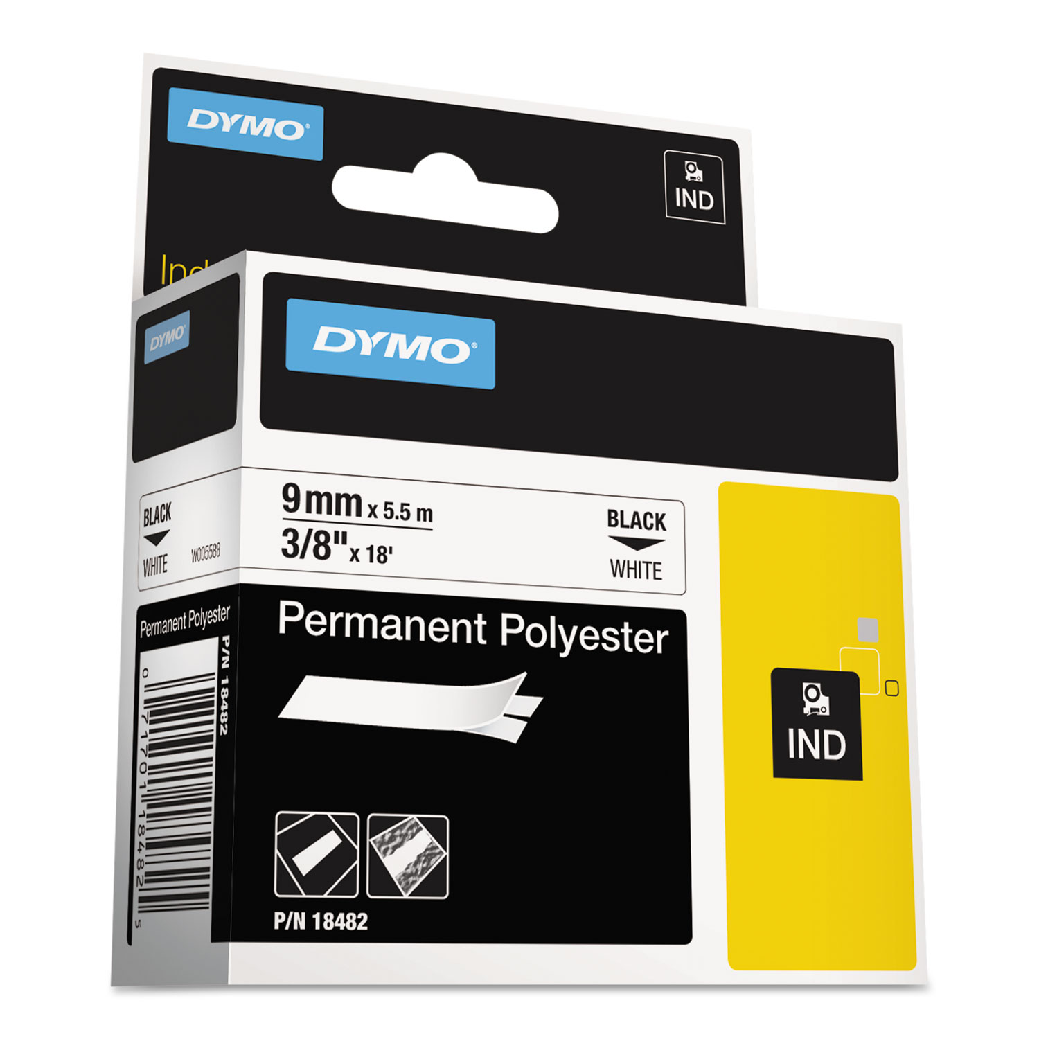  DYMO 18482 Rhino Permanent Poly Industrial Label Tape, 0.37 x 18 ft, White/Black Print (DYM18482) 
