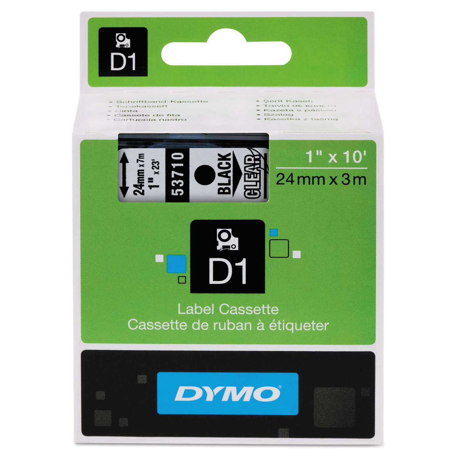 D1 High-Performance Polyester Removable Label Tape, 1 x 23 ft, Black on Clear