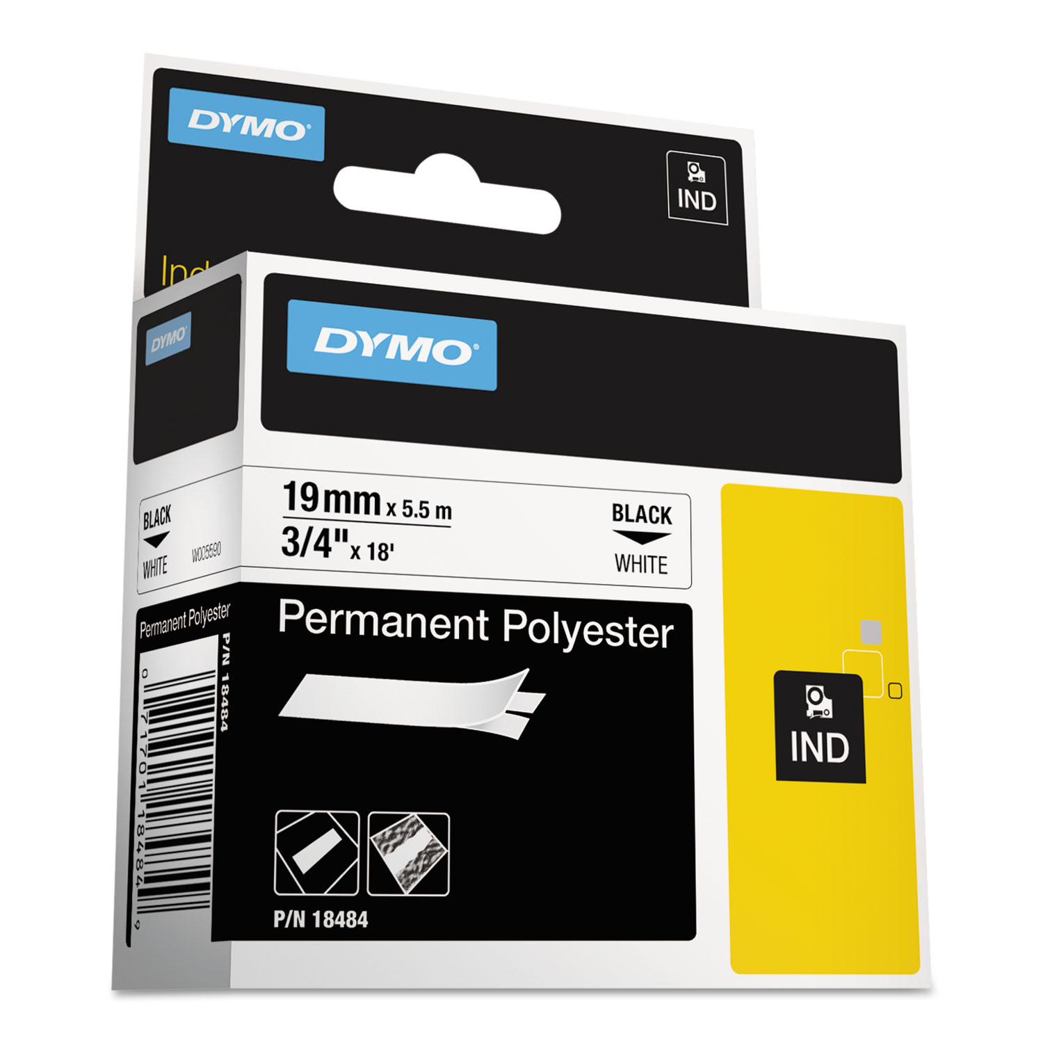  DYMO 18484 Rhino Permanent Poly Industrial Label Tape, 0.75 x 18 ft, White/Black Print (DYM18484) 