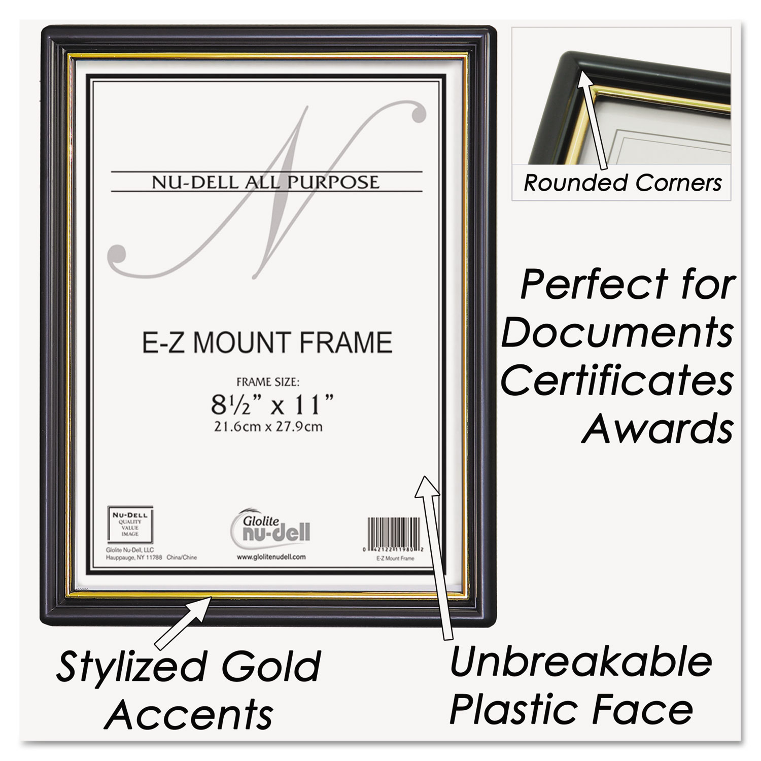 Picture Frame for Wall 8.5" x 11" EZ Mount Plastic Face Black with Gold Trim 