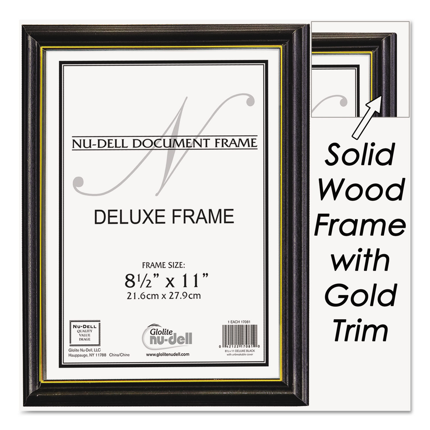 Deluxe Wood Document Frame, Plastic Face, 8-1/2 x 11, Black