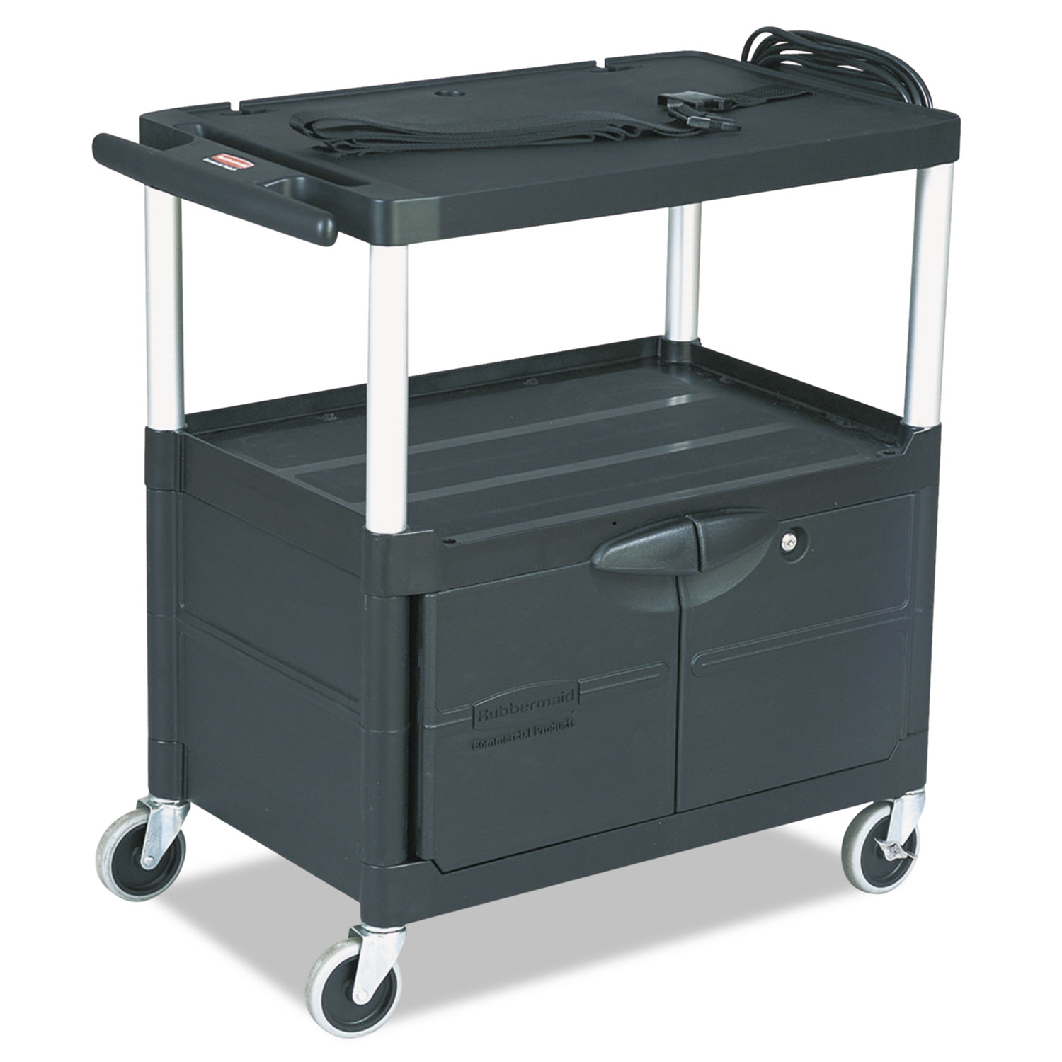 MediaMaster Three-Shelf AV Cart with Cabinet, 18-5/8w x 32-1/2d x 32-1/8h, Black