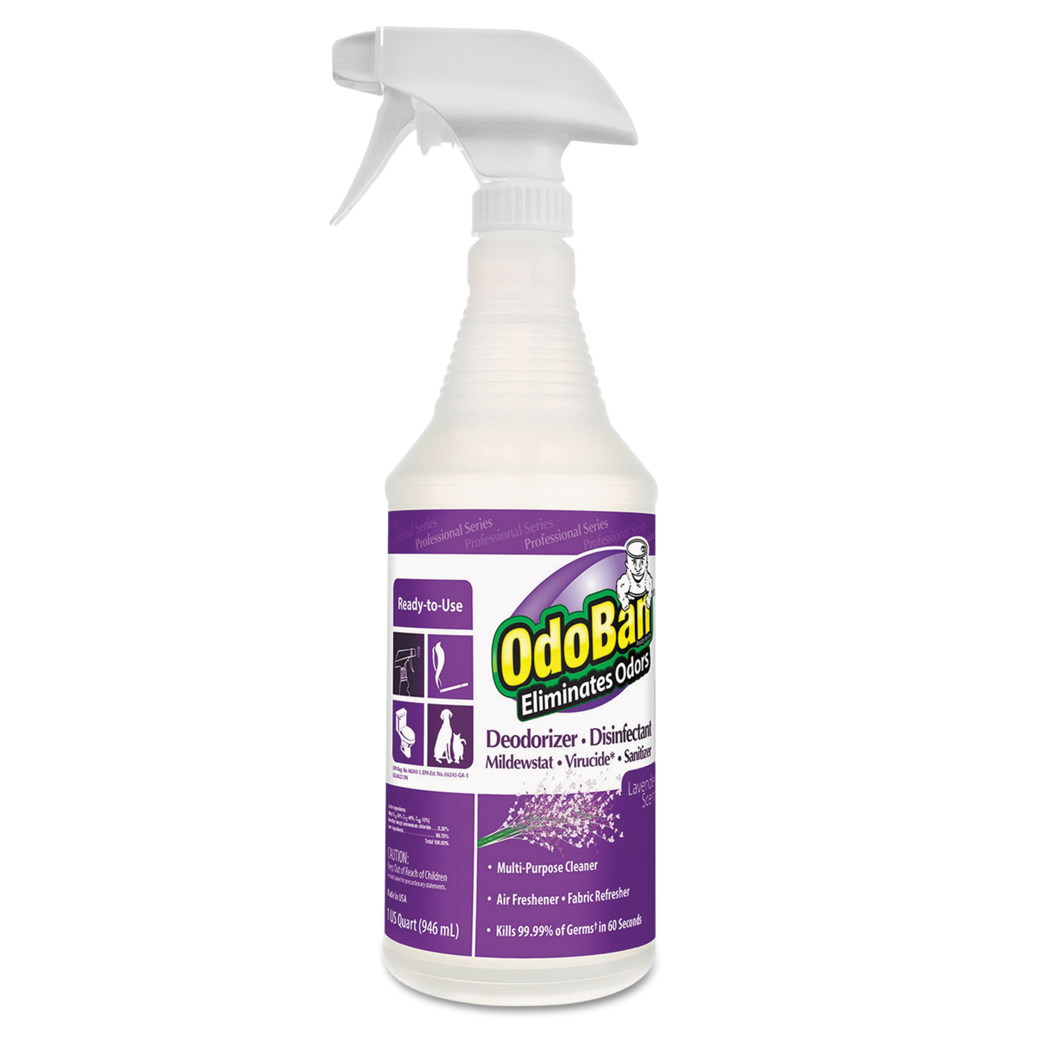 RTU Odor Eliminator and Disinfectant, Lavender, 32oz Spray Bottle, 12/Carton