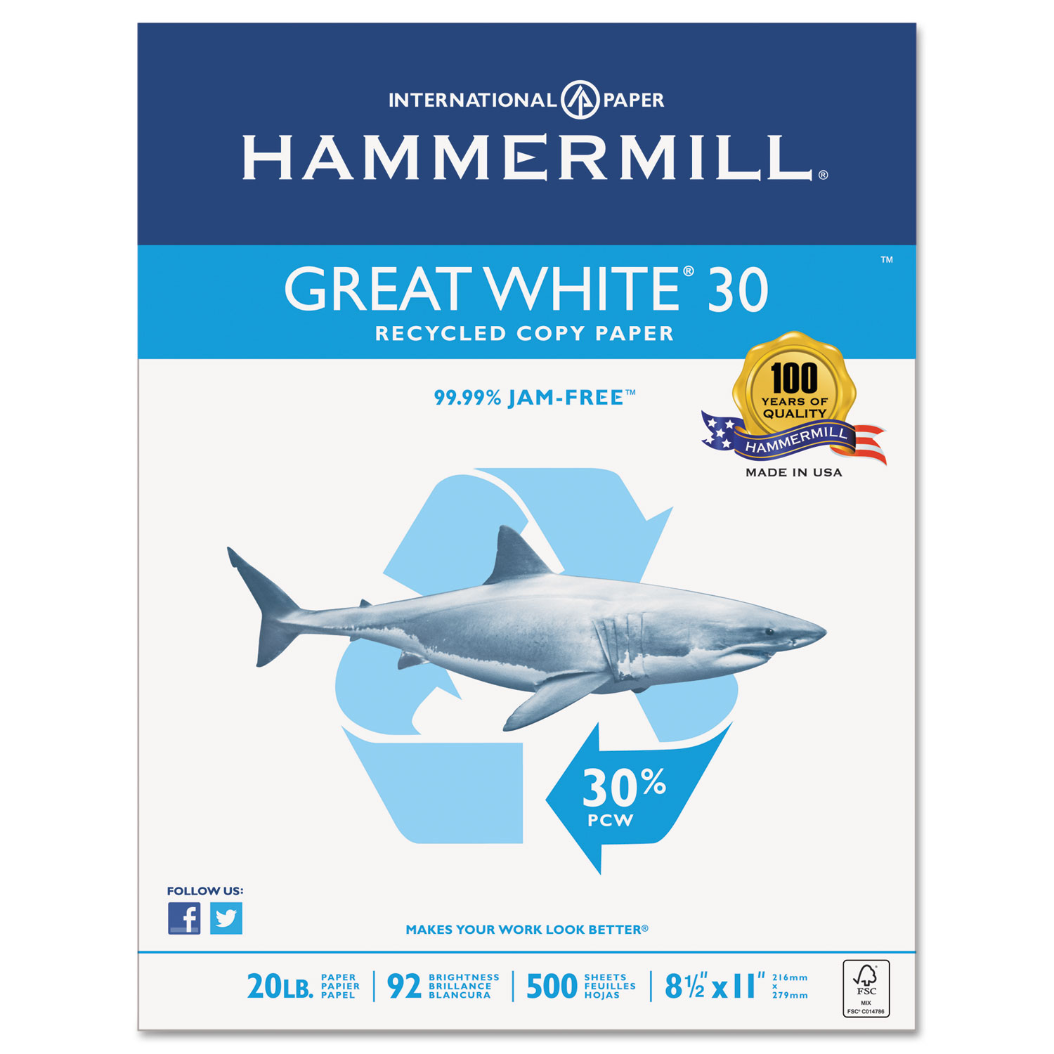  Hammermill HAM86700RM Great White 30 Recycled Print Paper, 92 Bright, 20lb, 8.5 x 11, White, 500/Ream (HAM86700RM) 