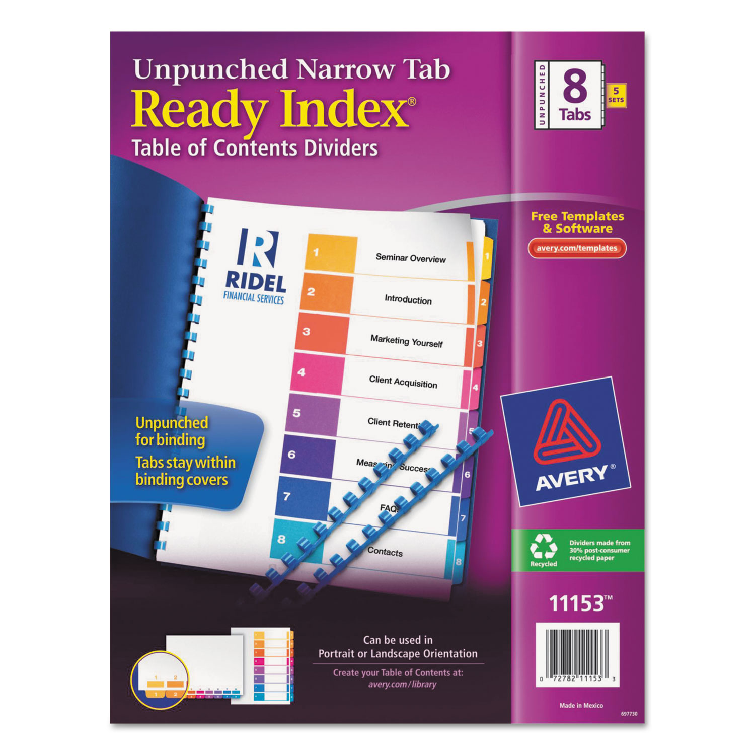 Ready Index Customizable Table of Contents, Unpunched, 8-Tab, Ltr, 5 Sets