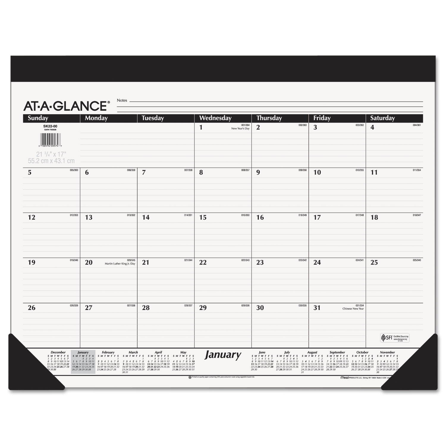 Monthly Refillable Desk Pad, 22 x 17, White, 2018