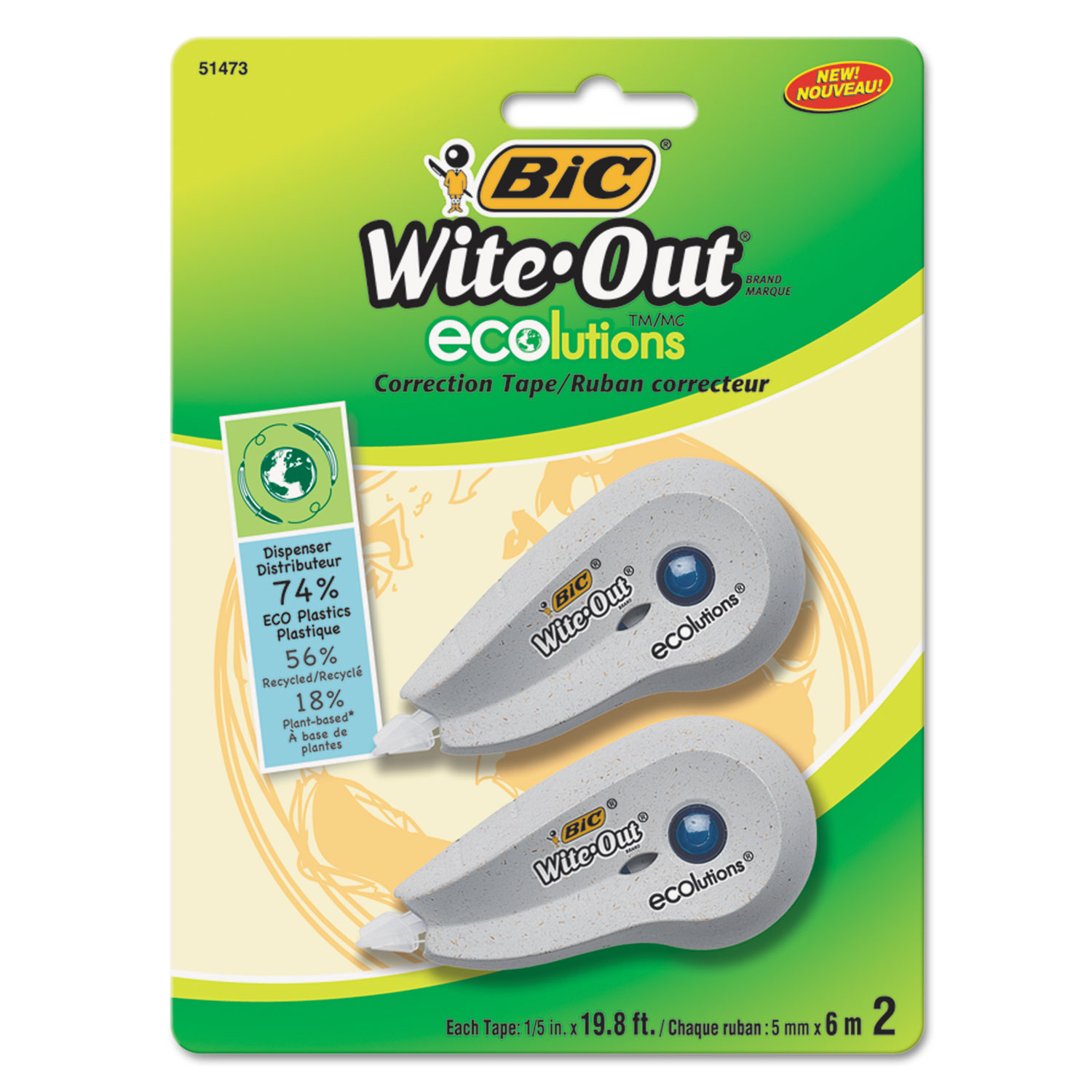  BIC WOETP21 Wite-Out Ecolutions Mini Correction Tape, White, 1/5 x 235, 2/Pack (BICWOETP21) 